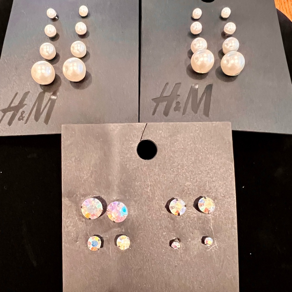 12 sets of earrings! All brand new sets. 8 pearl sets,  4 rainbow crystal sets